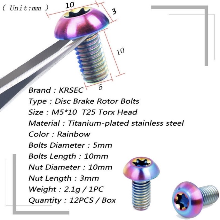 12 pcs Baut Rotor KRSEC Rainbow M5x10mm bolt titanium bike T-25