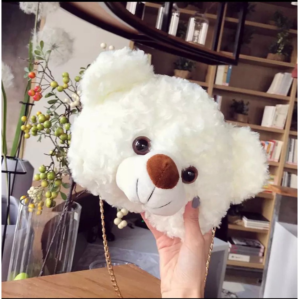 Tas Bulu Selempang Teddy Bear Tas Boneka Kepala Teddy Bear Tas Kekinian Tas Perempuan