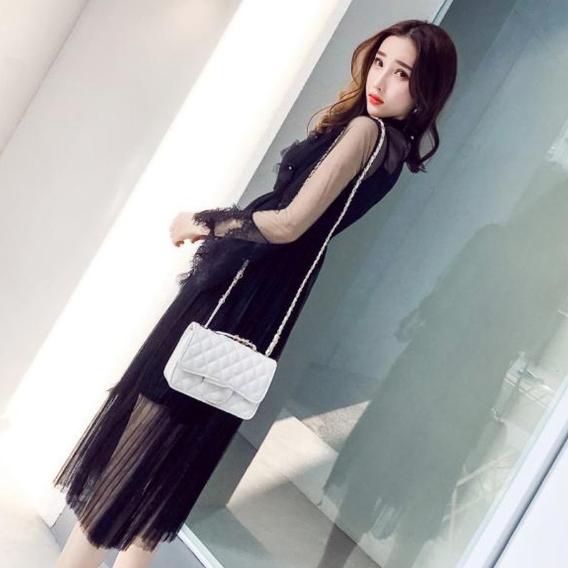 2Pcs Dress Midi Wanita O-Neck Lengan Panjang Lace+Mesh Lipit+Shift Gaya Korea untuk Musim Semi