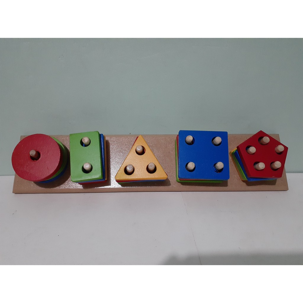 Mainan Edukasi / Edukatif Anak Puzzle Kayu Balok - Menara Geometri 5 Bentuk