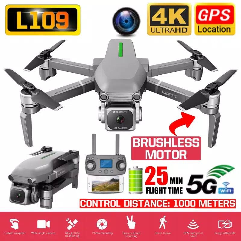 Cod drone gps murah lipat L109 kamera 4k brushless 5ghz