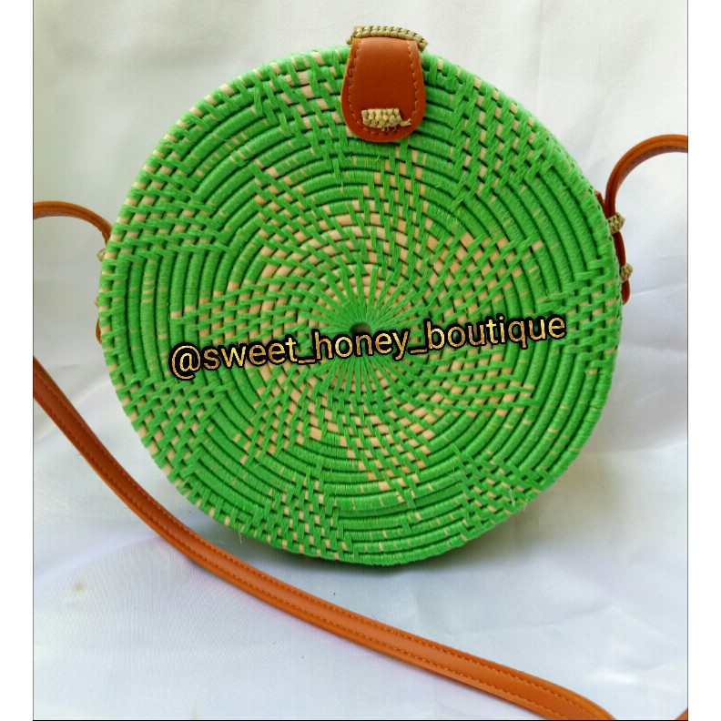 Sale Cuci Gudang Tas Rotan Bulat Warna Ungu Hitam Cream Orange Hijau Diameter 15cm dan 20cm