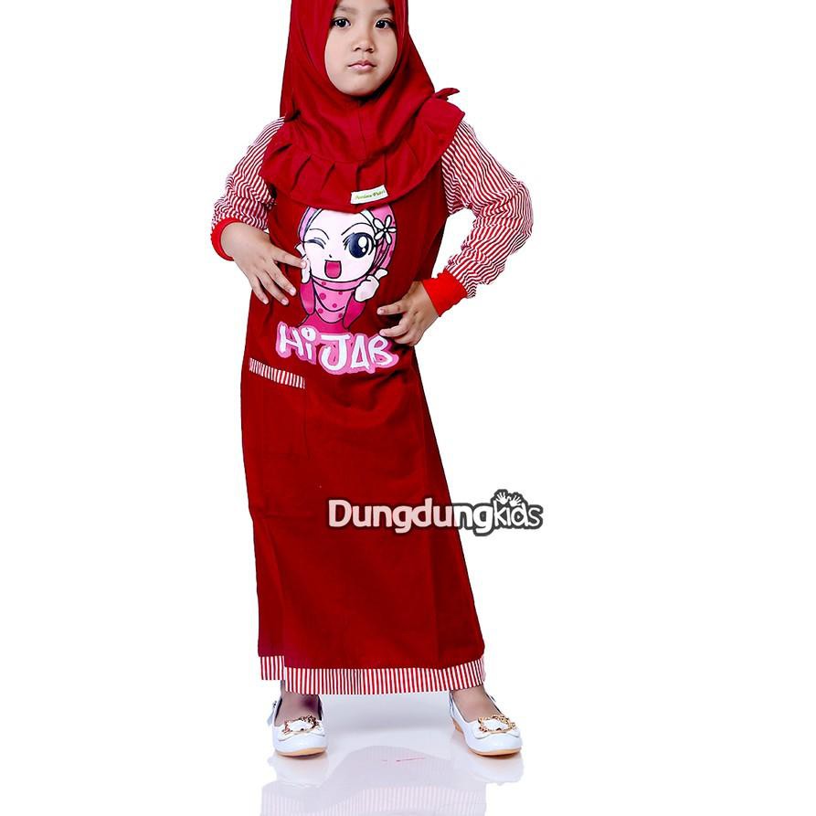 »» Spesial order ! LUO Baju Muslim Anak Perempuan Gamis Katun Rami Motif Hijab Maroon Lengan Merah S