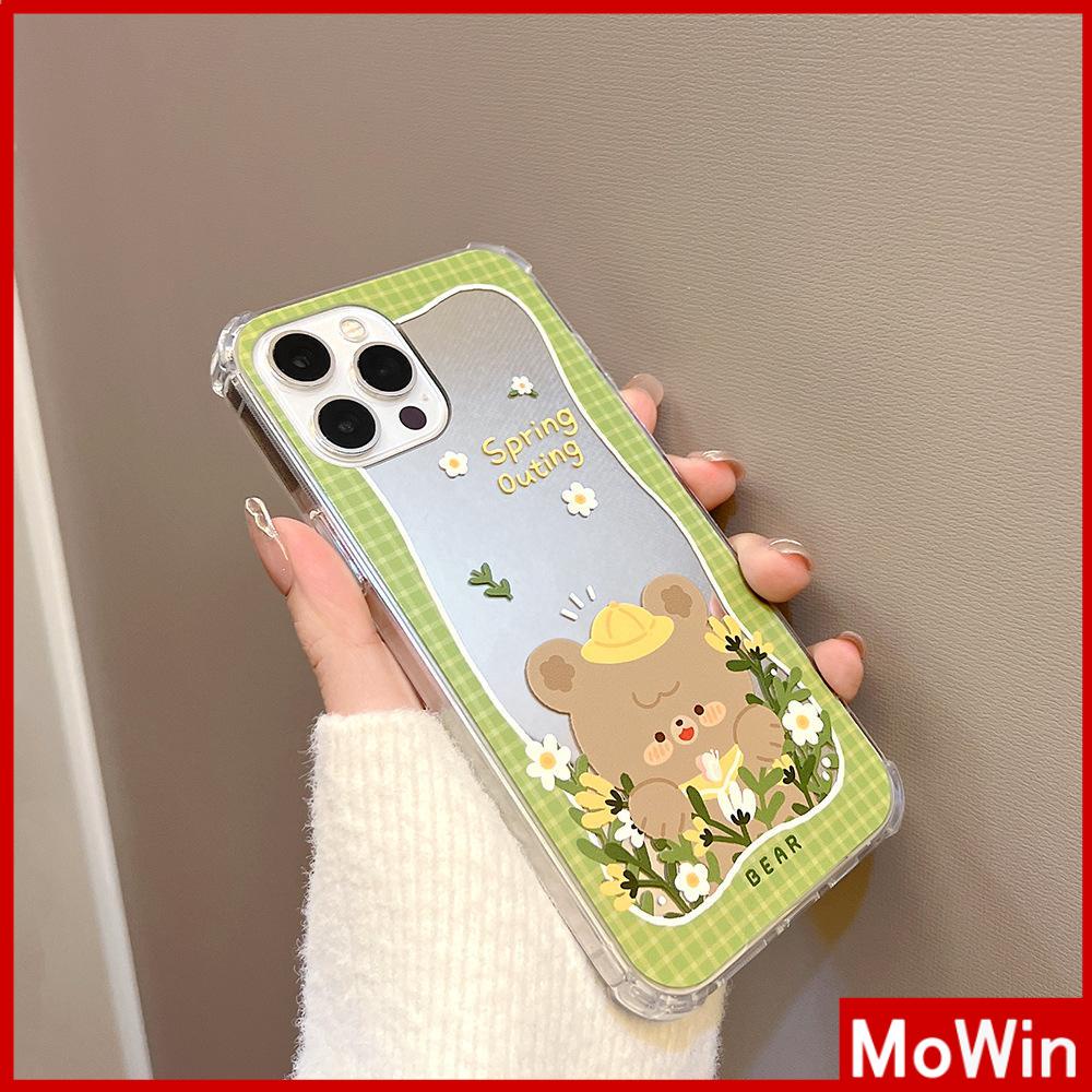 iPhone Case Acrylic Mirror Airbag Shock Resistant Big Hole Camera Protection Green Flower Bear Compatible For iPhone 11 iPhone 13 Pro Max iPhone 12 Pro Max iPhone 7 Plus