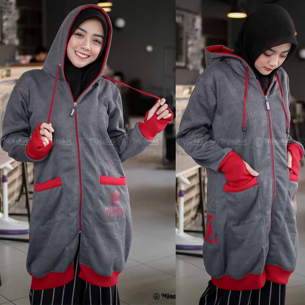 Jaket Jacket Hoodie Panjang Muslimah Wanita Cewek Jeket Hijaber Kekinian Abu Tua Pink Hijacket YK-3