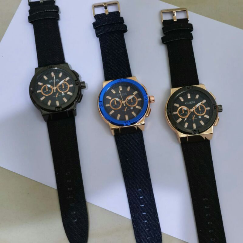 JAM TANGAN PRIA/COWOK GUESS CHRONO OFF TANGGAL AKTIF TALI KULIT LEVIS