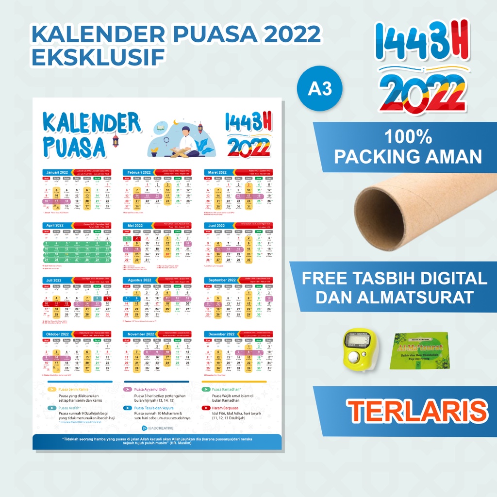 Kalender Puasa 2022 | Kalender Shaum 2022 | Kalender Dinding Custom I Komplit | Ukuran A3 | Bonus Ta