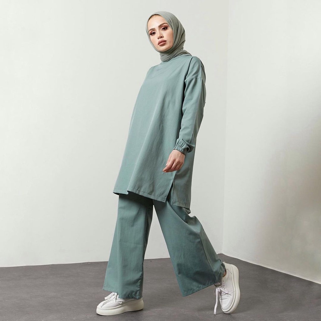 One Set Green / Setelan Blouse dan Celana Kulot Simple Kekinian | Hijabdaily