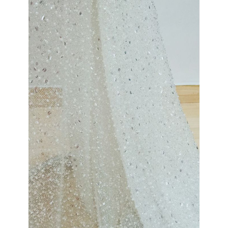 Kain brukat premium full payet lace putih silver / tile variasi sequin mutiara sparkling