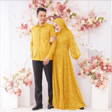 Baju Gamis Couple Brukat Wanita Pasangan Keluarga Terbaru 2021 Model Kekinian Bahan Moscrepe Brokat