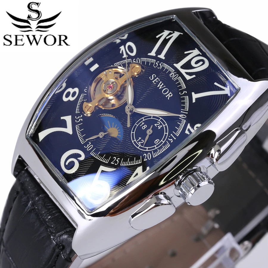 Jam tangan mekanik pria keren SEWOR Top Luxury Brand Rectangular Tourbillon Men Watches Automatic