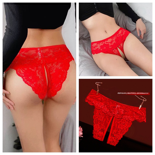 Celana Dalam brief Wanita Sexy Ukuran Jumbo Open Crotch Renda Lingerie G String 3C025