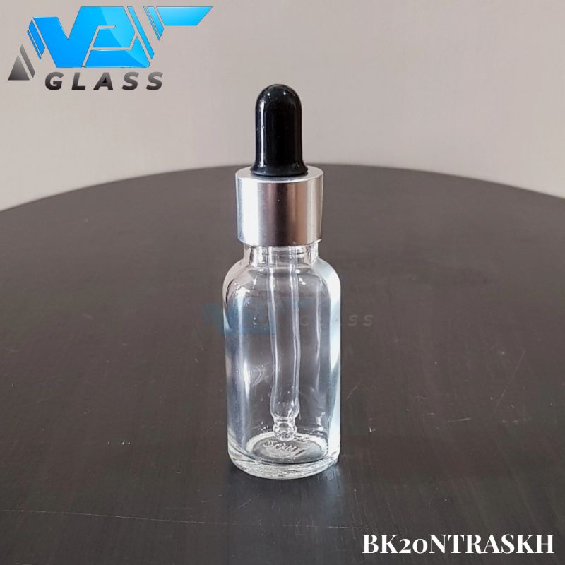 botol kaca pipet 20ml bening tebal - ring almunium silver