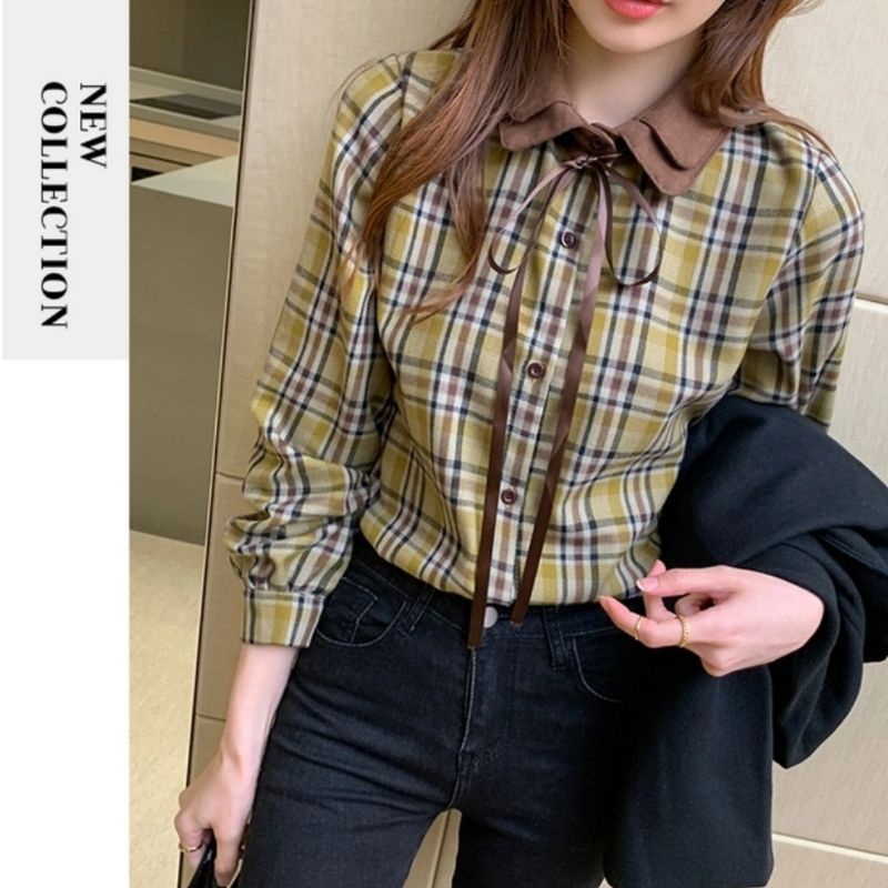 MDLV ~ 8451 Scottish Double Collar Shirt Women Plaid Shirt Premium Kemeja kotak Kemeja Twiscone Kemeja Lengan Panjang Kemeja Import Kemeja Casual Fashion Import