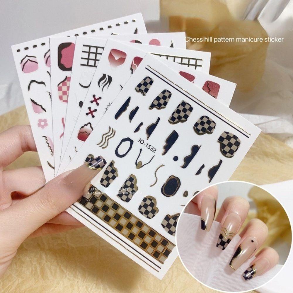 Mxbeauty Stiker Kuku Perekat Stamping Emas Kotak-Kotak Kuku Kecantikan DIY Stiker Kuku Nail Art Decals Nail Art Watermarks