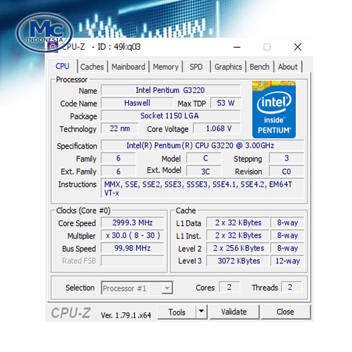 Processor Intel Pentium G3220 3.00GHz DAN FAN INTEL