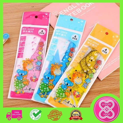 Penggaris Set 4 in 1 Motif Jerapah Giraffe / Penggaris Plastik Jerapah 15 cm