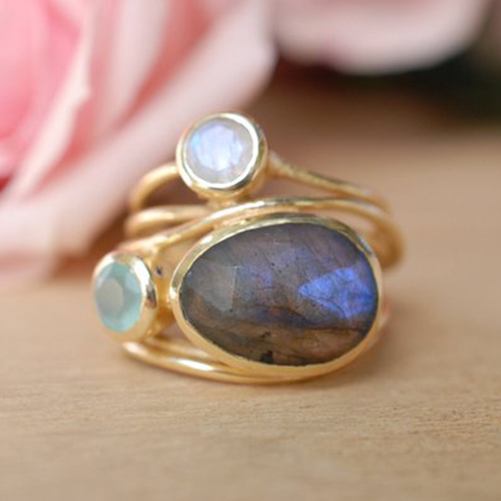 Hu Hu Hu Hu Hu Alat Bantu Pasang Kacamata♡ Cincin Multilayer Aksen Batu Moonstone Imitasi Gaya Vintage Untuk Wanita