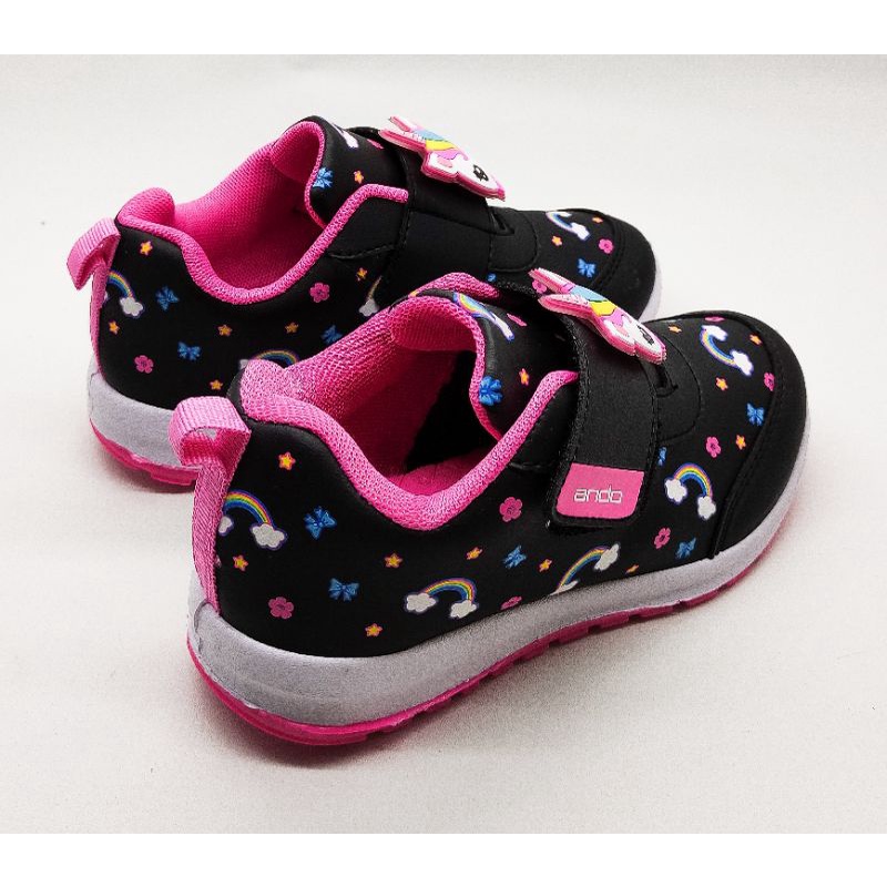 ANDO - SEPATU SNEAKERS ELINA VELCRO ANAK TERBARU / SEPATU ANDO GIRLS SNEAKER MOTIF MINICORN VELCRO / ANDO ORIGINAL / SEPATU KETS ANAK PEREMPUAN / SEPATU SNEAKER ANAK-ANAK / SEPATU MINICORN VELRO KIDS 28-32 HITAM PINK