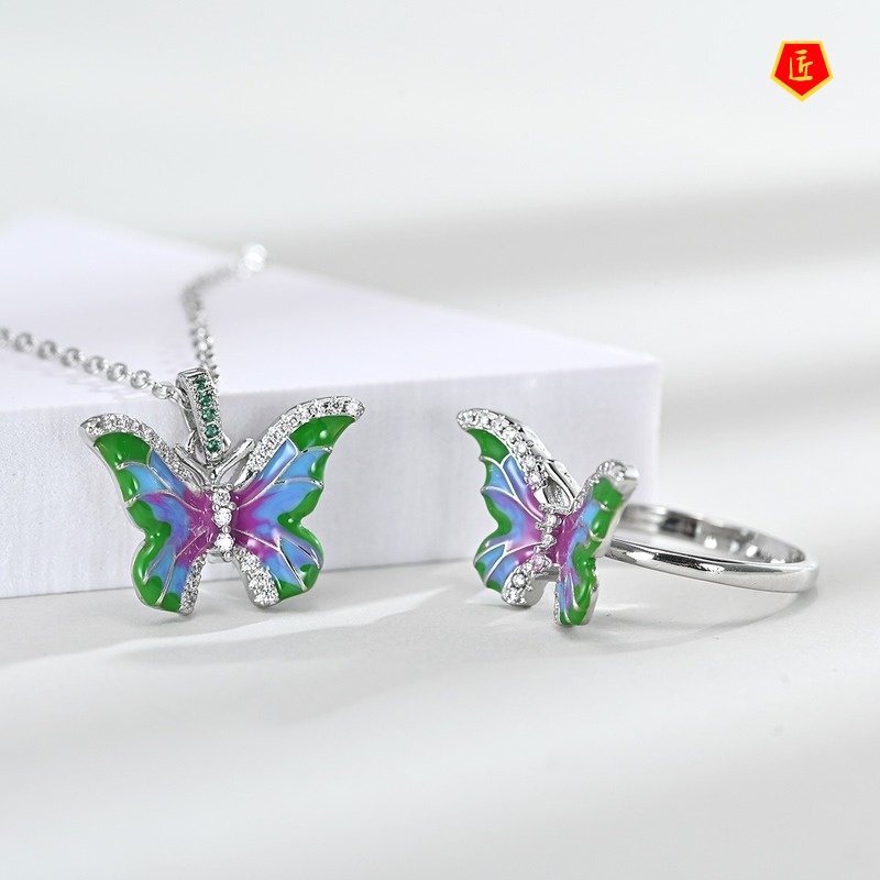 [Ready Stock]Elegant Colorful Butterfly Ring Earrings and Necklace Set