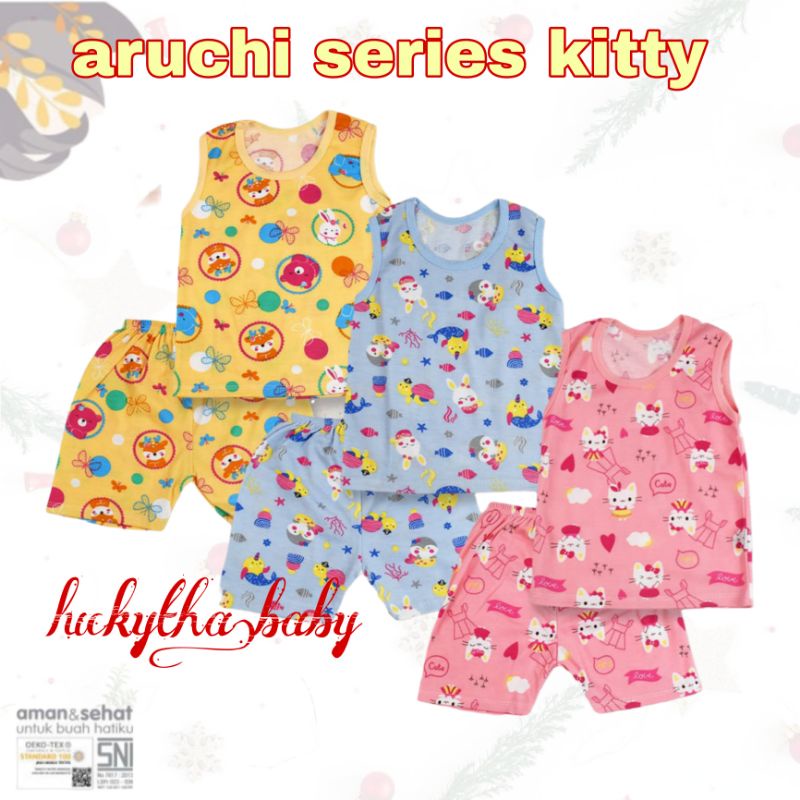 3psg_ ARUCHI baby setelan kutung motif bamboo series, Love bird, Kitty ,TIGER , BABY HIPPO  s.m.l/ setelan kutung aruchi TERBARU/ setelan SINGLET bayi ARUCHI