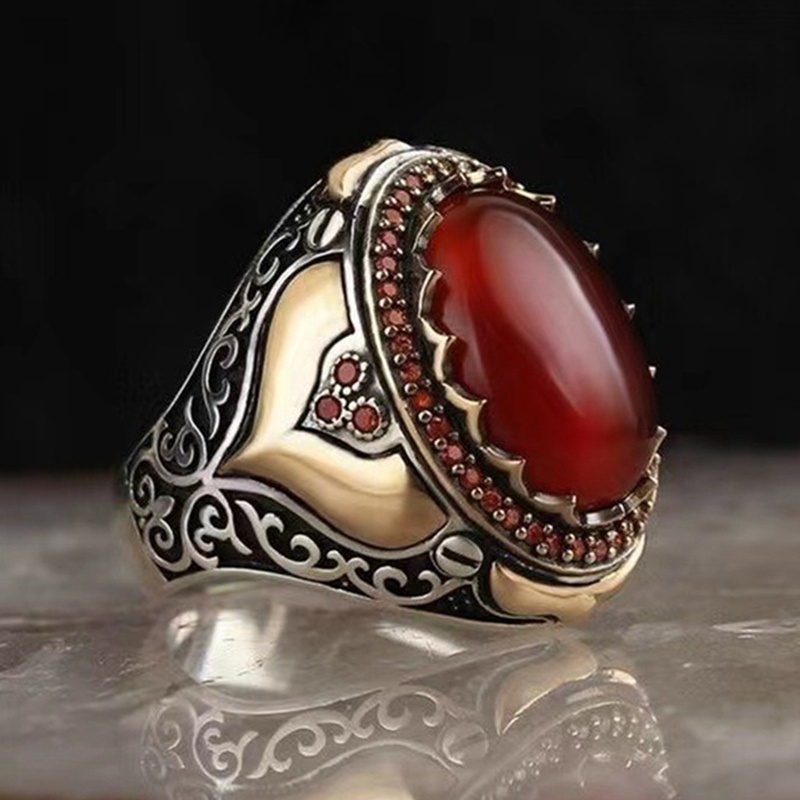 Fancyqube Perhiasan Cincin 925 Sterling Silver Bentuk Mahkota Batu Akik Merah Gaya Vintage Untuk Pria Dan Wanita