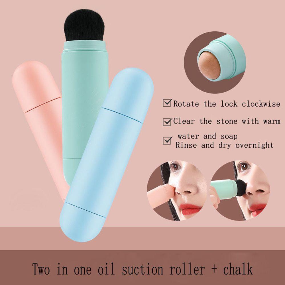 Needway   Roller Wajah Batu Vulkanik 2in1 Reusable Oil Alat Kembung Pijat Wajah Roller Pembersih Kontrol Minyak Wajah Dengan Kuas Foundation