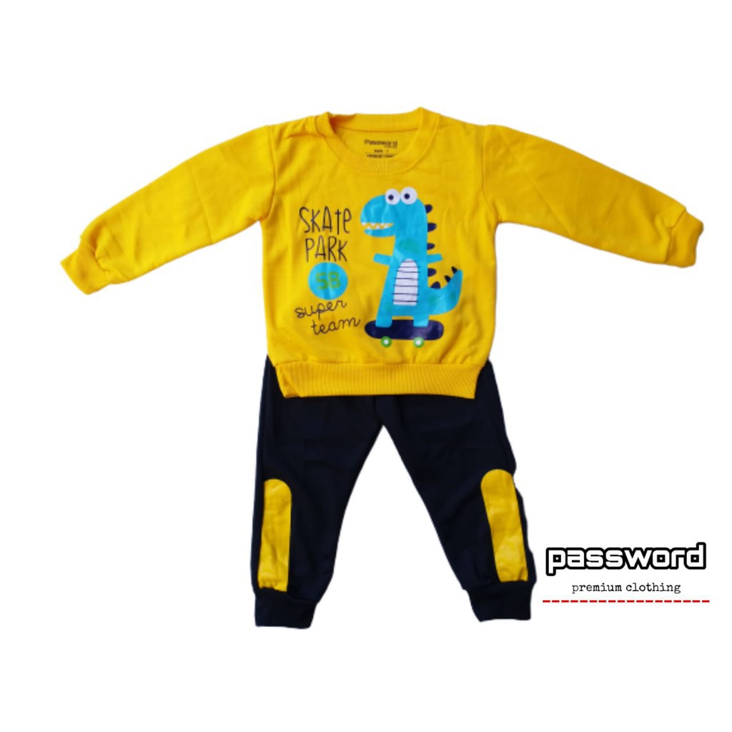 plazababyku PASSWORD SKATE DINO Setelan Sweater 1 - 7 Tahun Baju Anak BerKualitas