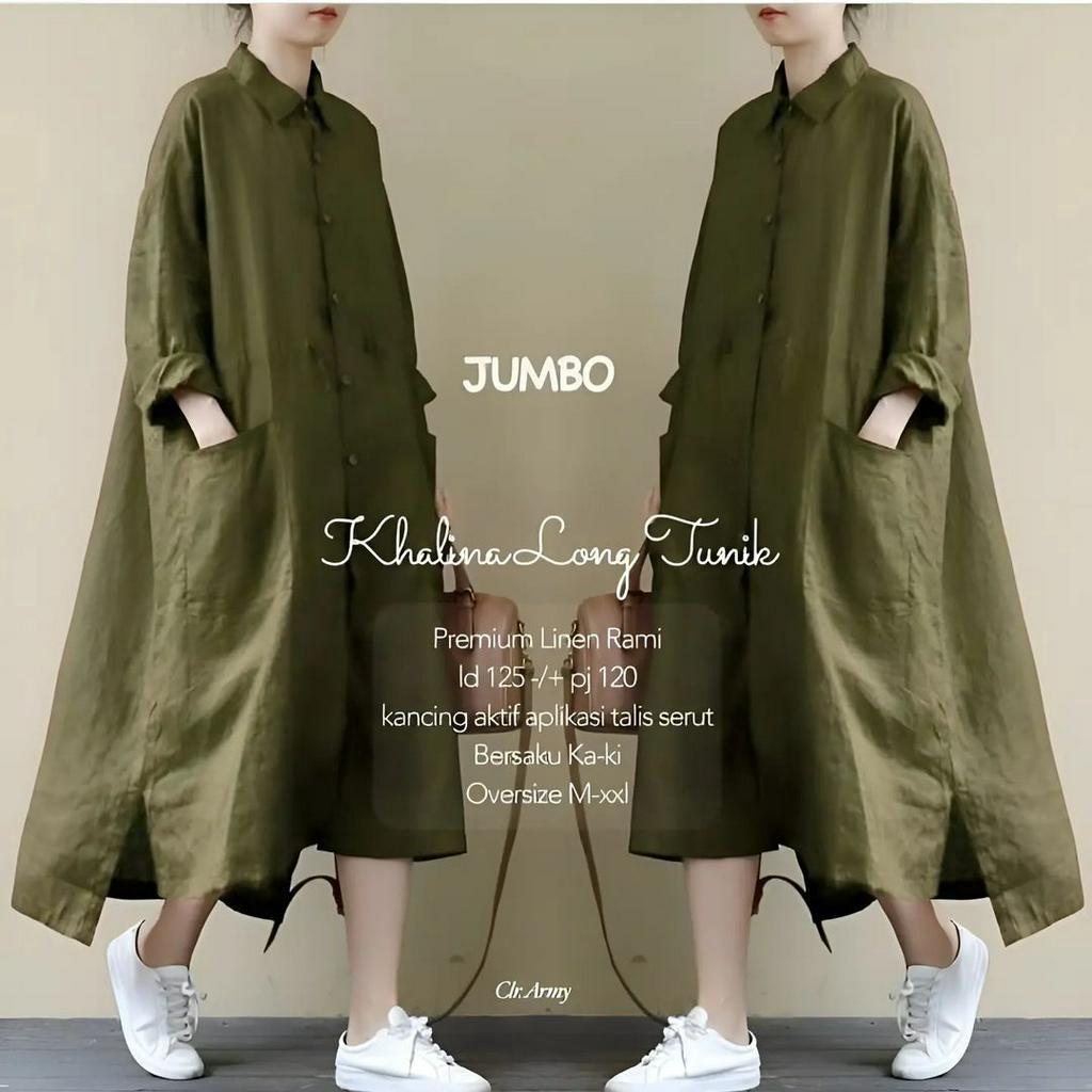 LONG TUNIK JUMBO KHALINA BAHAN LINEN RAMI LD 100 - 125 CM WARNA  ARMY , BLACK , MAROON , MILO LONG TUNIK WANITA TERBARU 2023 MIDI DRESS WANITA TERBARU BAJU ATASAN WANITA TERBARU KOREAN STYLE