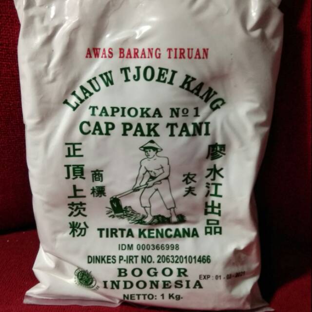 

Tepung Tapioka Liauw Tjoei Kang (Pak Tani) / kanji