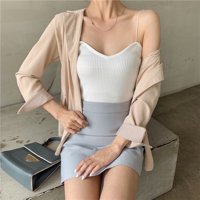 T968 • Korea Knit Tank Top • Kamisol Rajut • Tanktop Polos Tali Spaghetti • Fashion Wanita-White