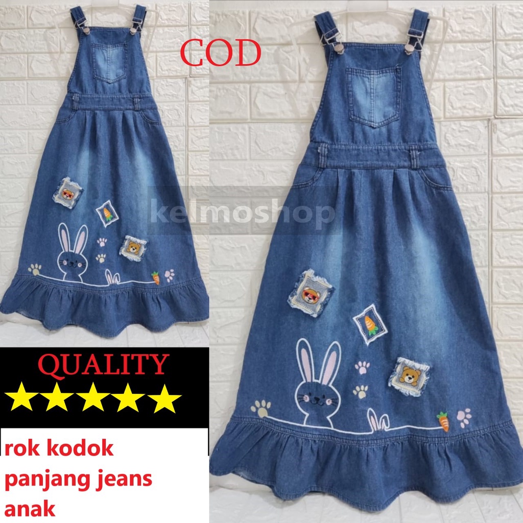 rok kodok panjang jeans anak perempuan/ overall rok panjang/ overall jeans/ RKPJ KELINCI BEAR love r