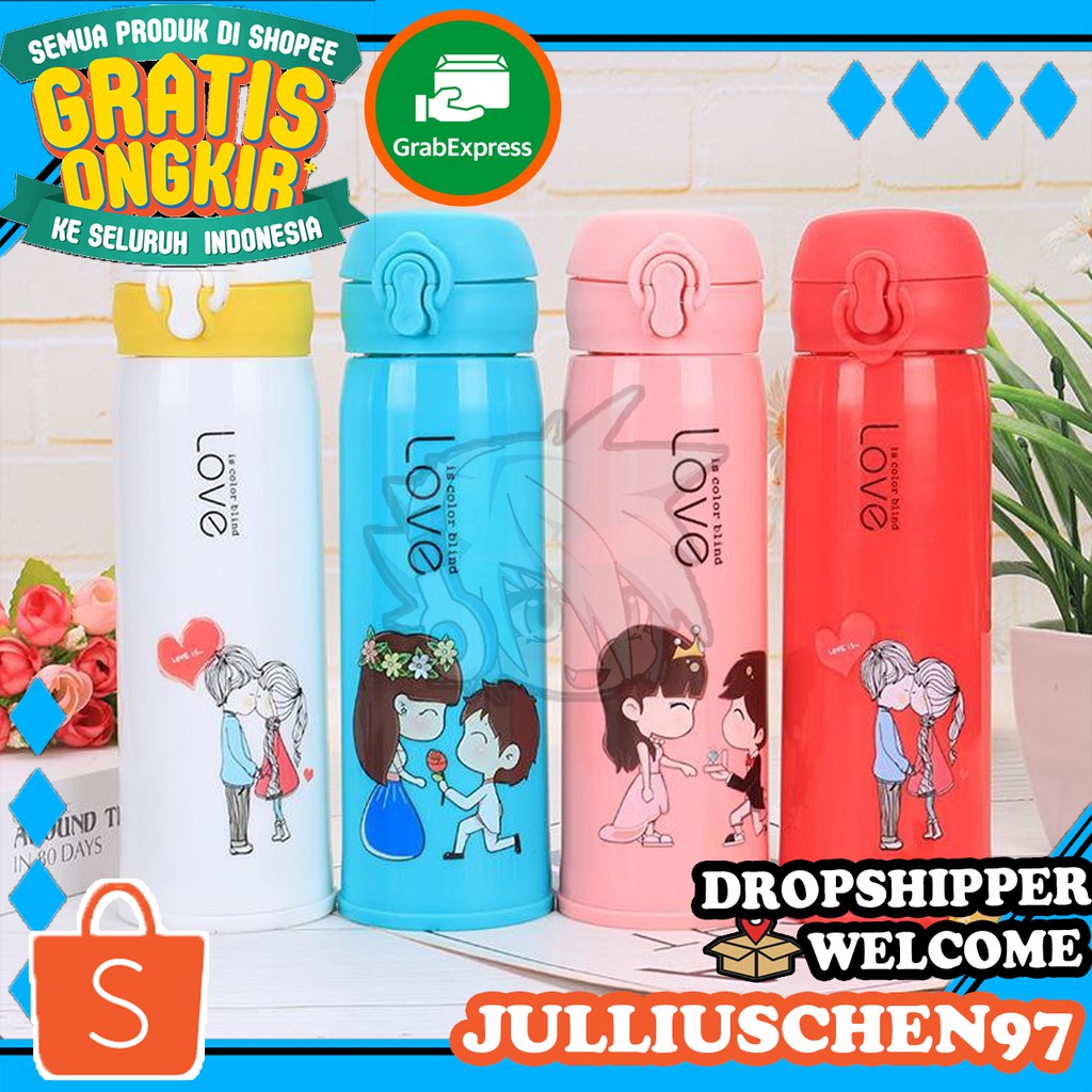 JJ CHEN Botol Minum Kaca Kancing Motif Pure Love 500ml / Glass Bottle Termos Air Panas Dingin