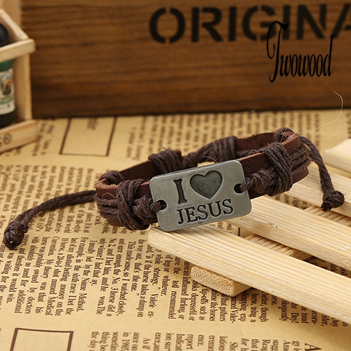 Gelang Tali Rami Adjustable Bahan Kulit Imitasi Motif I LOVE JESUS Untuk Unisex