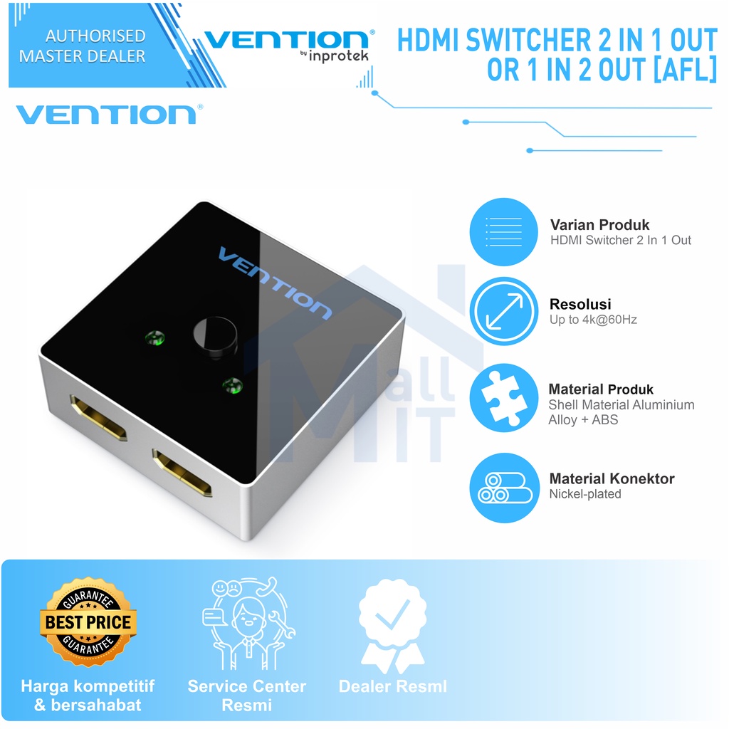 ( Bisa Cod ) Vention HDMI Switcher 1-In 2-Out &amp; 2-In 1-Out Bidirectional 4K 3D AFL
