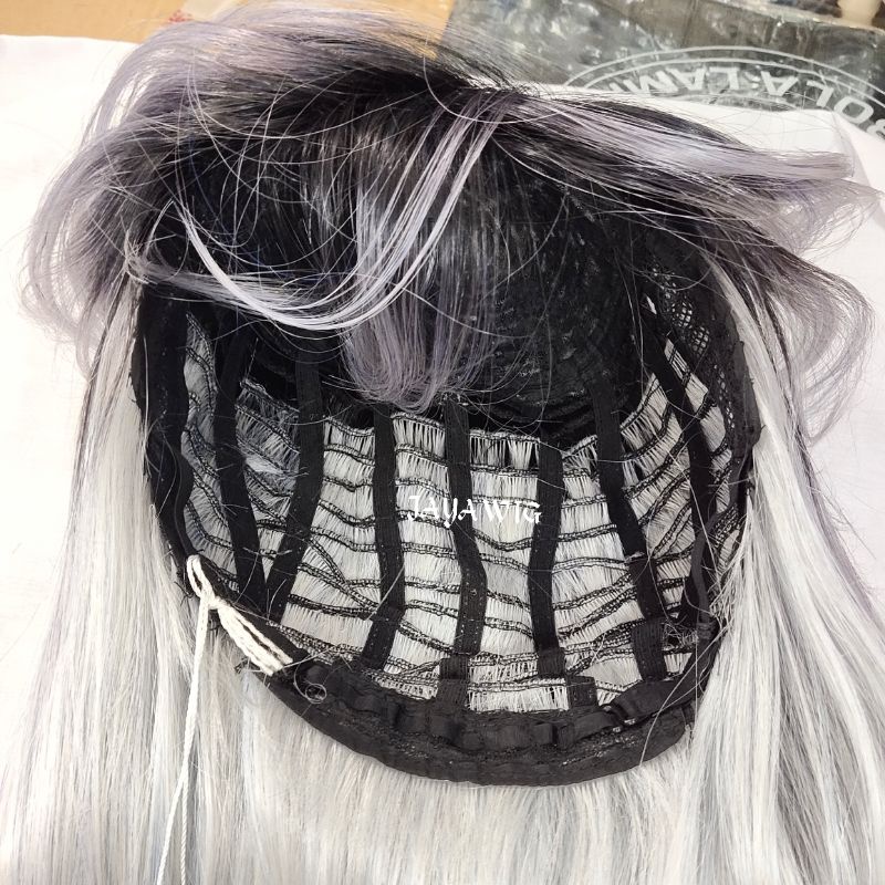 Wig Panjang 60cm Warna Silver Blue Rambut Palsu Wanita Lurus Panjang