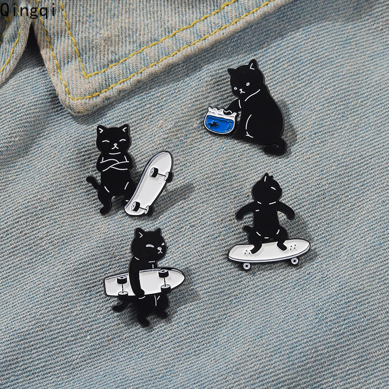 Bros Pin Enamel Bentuk Kucing Hitam Skateboarding Untuk Aksesoris Kerah