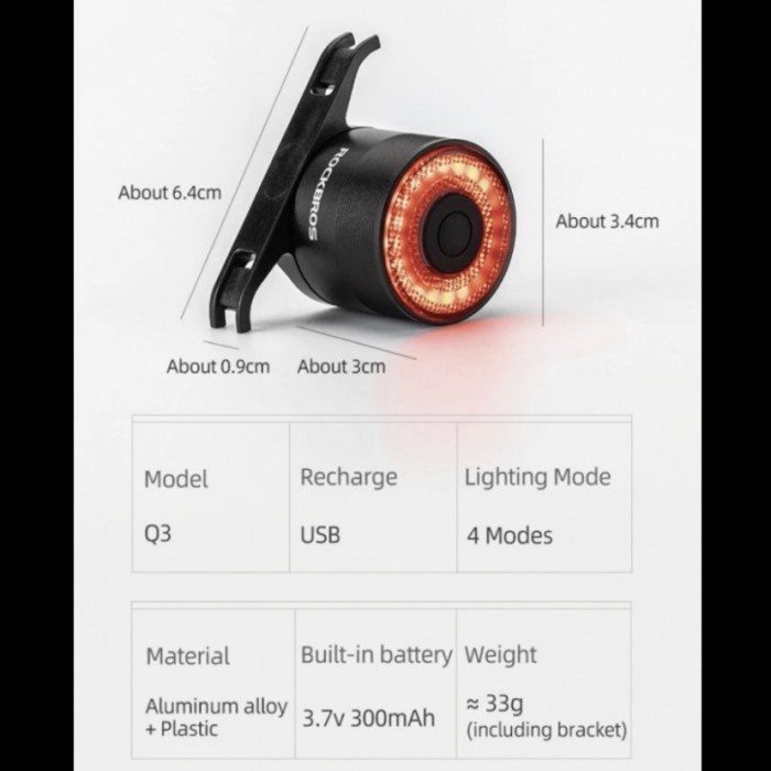 Lampu Belakang Sepeda ROCKBROS Q3 Rem Sensor Brake Smart Tail Laigh