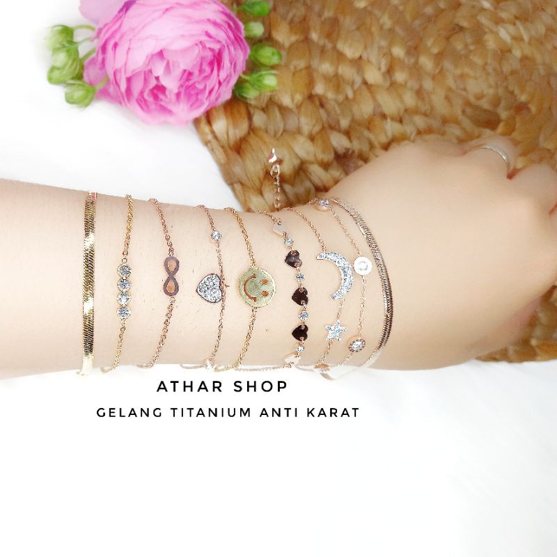 athar shop|| gelang titanium wanita anti karat smile bulan bintang love hati rantai sisik ular