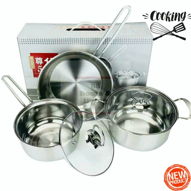 PREMIUM SET PANCI FRYPAN SAUCEPAN STAINLESS STEEL TUTUP KACA