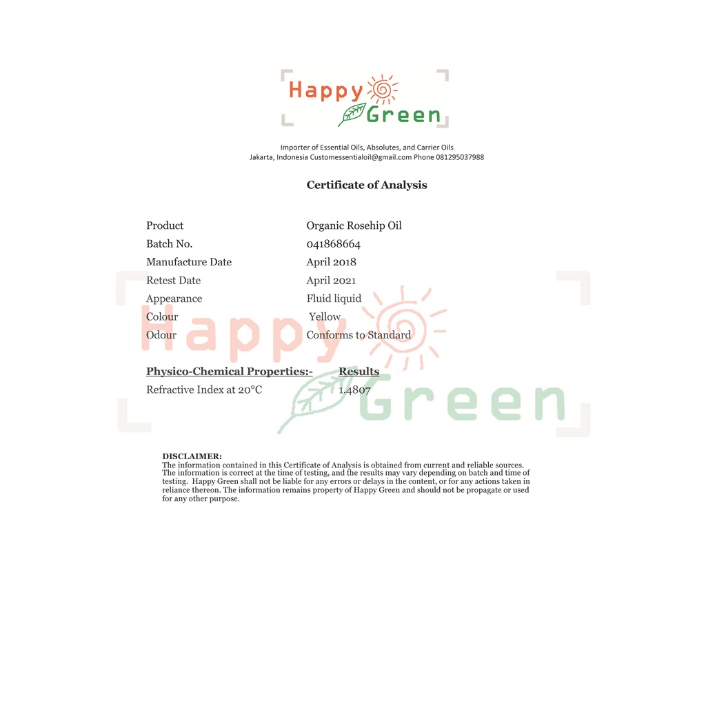 Happy Green ORGANIC Rosehip Seed Oil - Minyak Biji Rosehip Organik