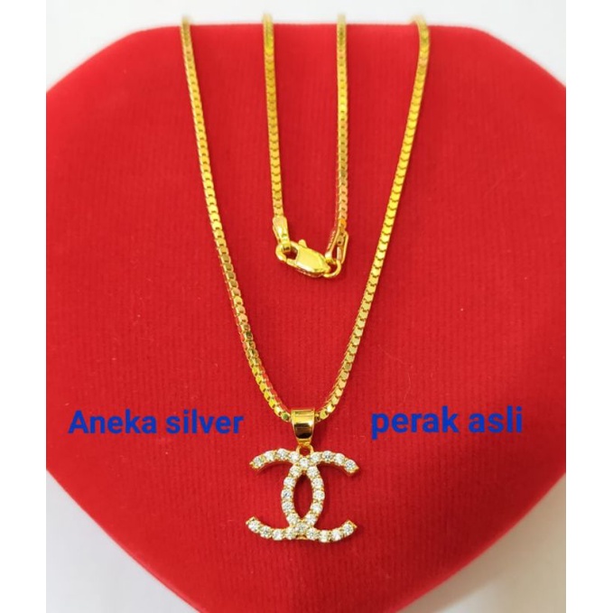 Kalung Milano Kaca + Liontin Chanel mata2, Perak 925, Sepuh Emas Kuning