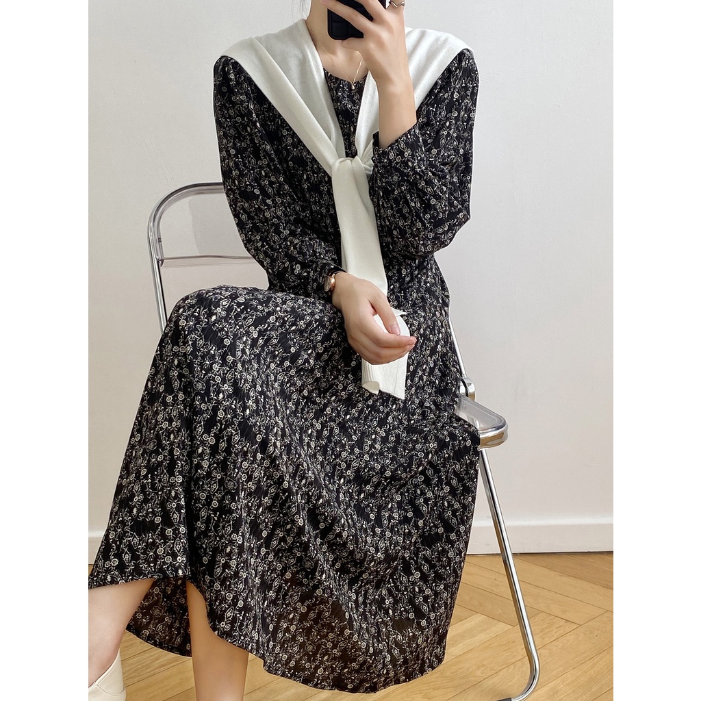 AIMEI Gaun bunga panjang pinggang panjang Prancis lengan panjang wanita Korea retro