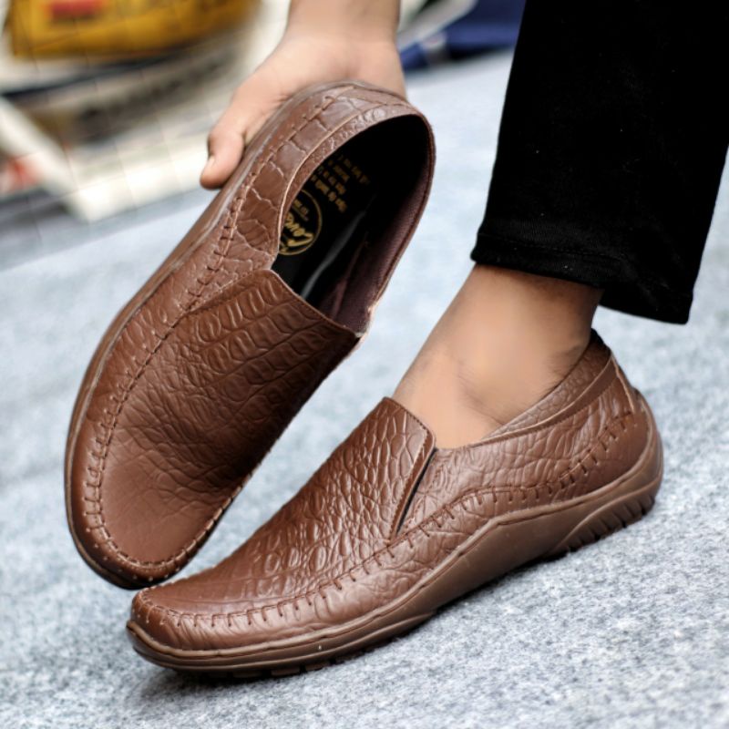CROCO BROWN Sepatu Pria Casual Kulit Asli Slip On Formal Kerja Kantor Original