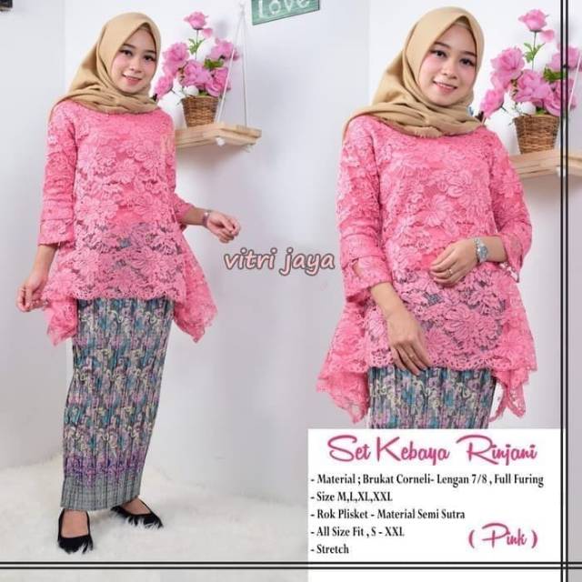 SETELAN KEBAYA RINJANI PINK | SET ROK PLISKET | KEBAYA MODERN-MERAH MUDA, M