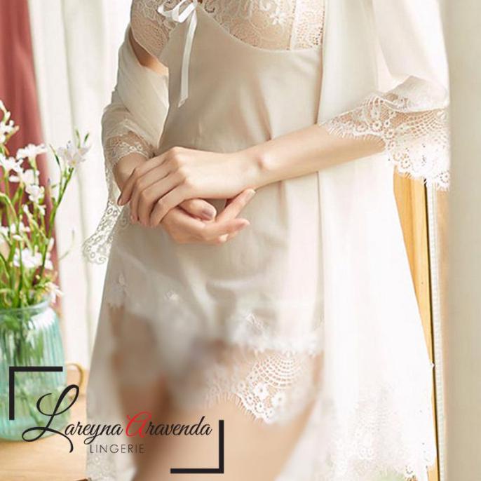 Lingerie Murah Lingerie Kimono + Daster Semi Transparan Model Tricot Premium Lg111 - Putih