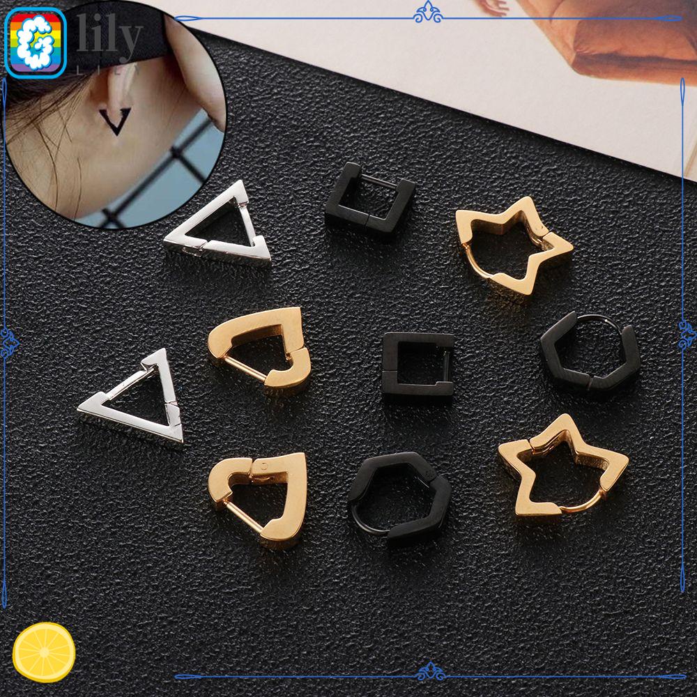 Anting Hoop Tindik Telinga Bentuk Bintang Hati Poligon Bahan Stainless Steel Warna Emas Perak Hitam Untuk Wanita