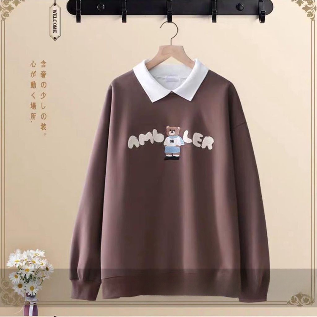 AMBLER BEAR COLAR Sweater Crewneck Oversize Wanita Atasan Blouse Terbaru Motif Cute Korean Fashion Style Kasual Kekinian FLEECE Tebal