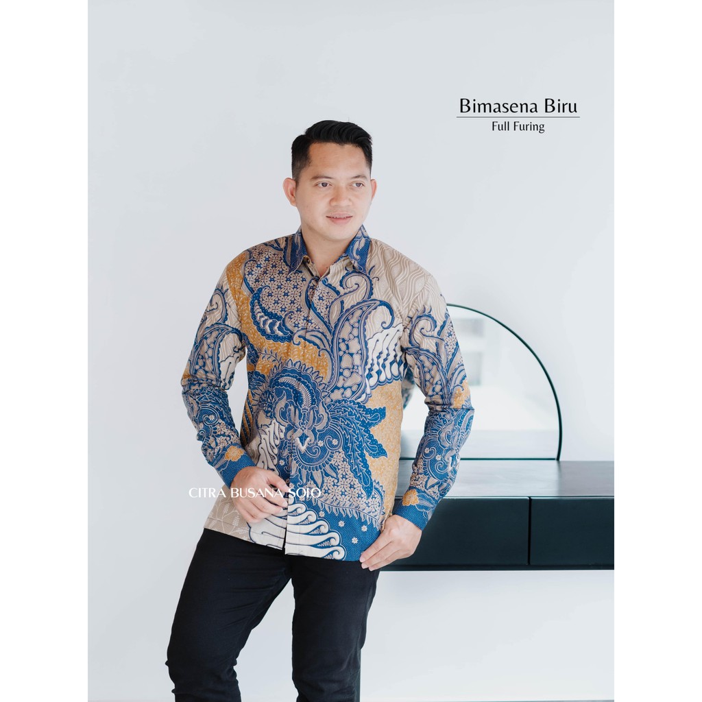 BIMASENA BIRU Kemeja Batik Pria Full Furing Bahan Katun Halus Sragenan