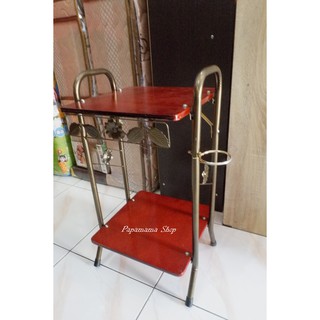 Rak serbaguna Meja  dispenser bahan kayu kaki stainless  